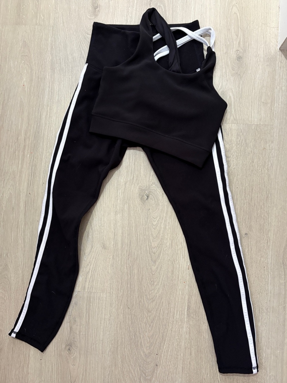 Black Women's Leggings with White Side Stripe - Includes Matching Sports Bra